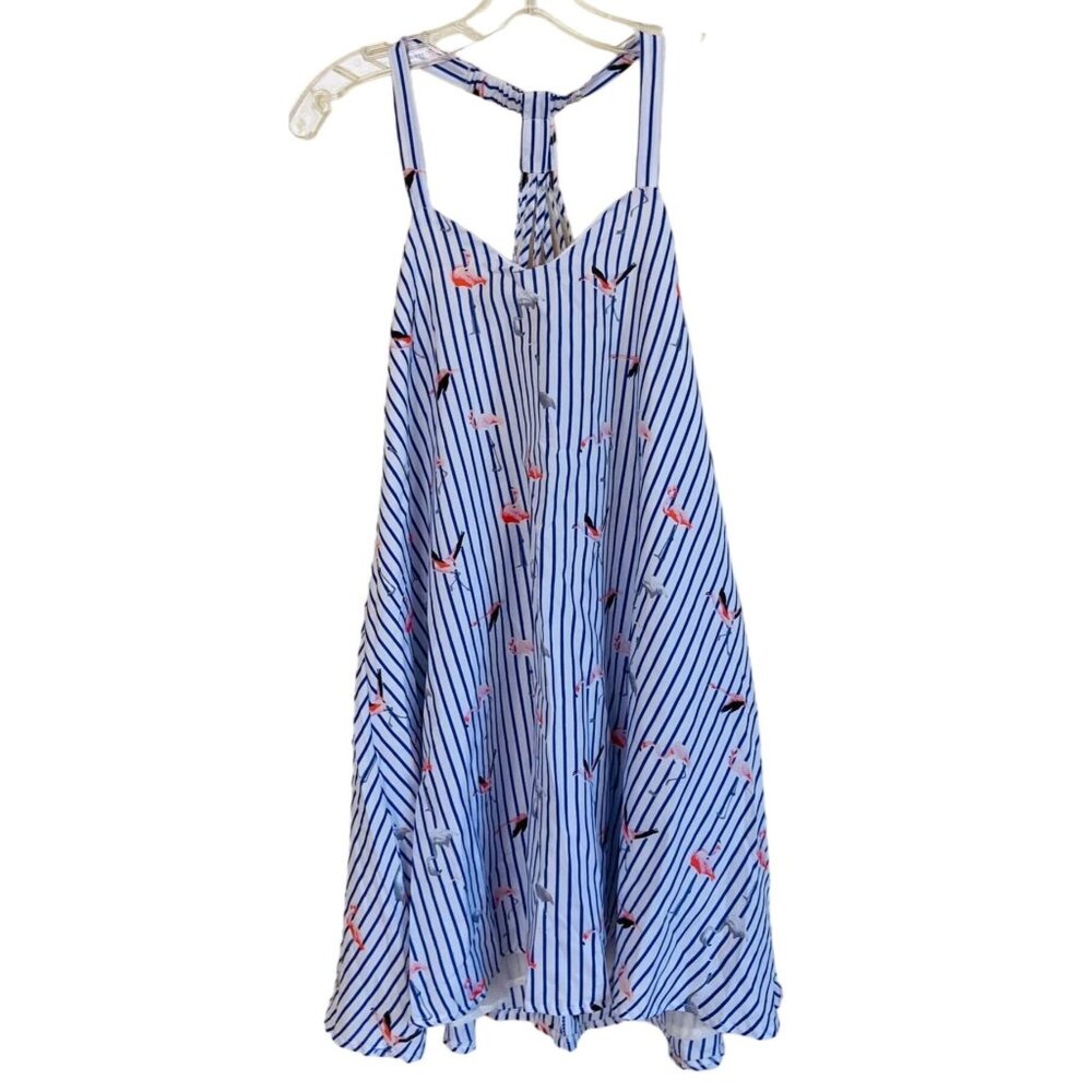 Popreal Flamingo Dress White w/ Blue Stripes Mini Lined Medium